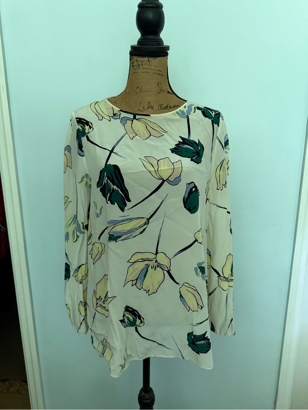Diane Von Furstenberg Cream Floral Long-Sleeve Blouse with Green Accents